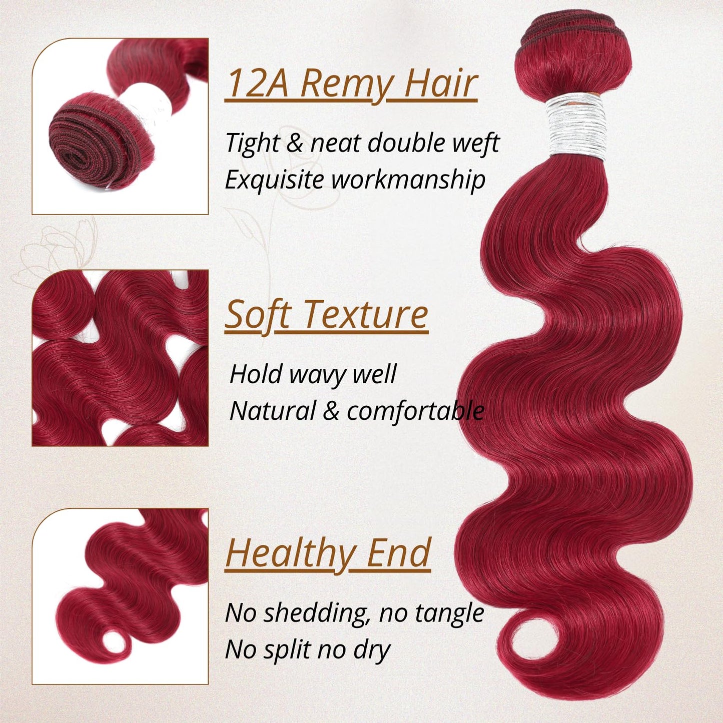 Anmetan Red Burgundy Bundles Human Hair Body Wave, 12A Colored Bundles Human Hair 100% Unprocessed Remy Hair, Soft and Thick Burgundy Cherry Red 99J Single Wavy Sew in Quick Weave Double Weft 14 Inch