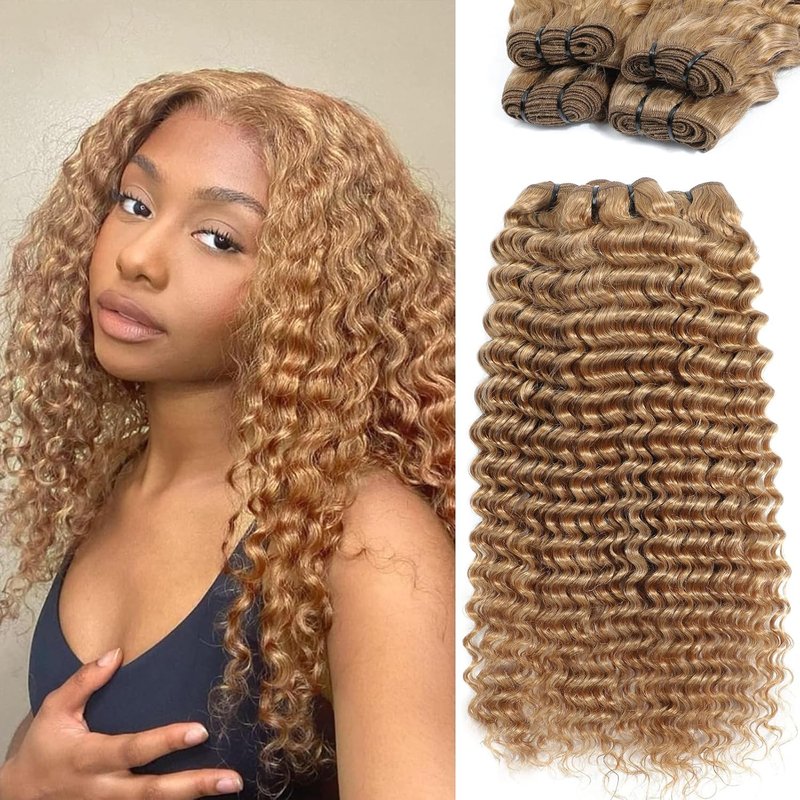 Honey Blonde Deep Wave Human Hair Bundles - 100% Brazilian Virgin Hair | 3 Bundles (16, 18, 20 Inches)