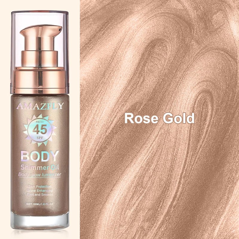 Shimmer Body Oil, SPF 45 Broad Spectrum, Sunscreen Face and Liquid Luminizer Waterproof Moisturizing, Light Shimmer Glow Illuminator, Smooth Body Highlighter Makeup (#01 Rose Gold)
