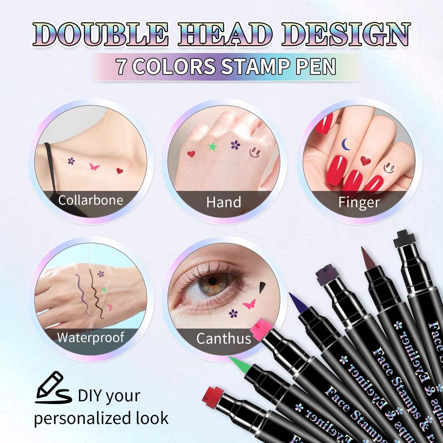 7Pcs Colored Liquid Eyeliner Stamp Pen Double-sided Face Stamps Set Green Red Pink Blue Purple Brown Black Eyeliner, Star Heart Butterfly Moon Flowers Smiley Triangle Stamp for Cosplay Eye Makeup