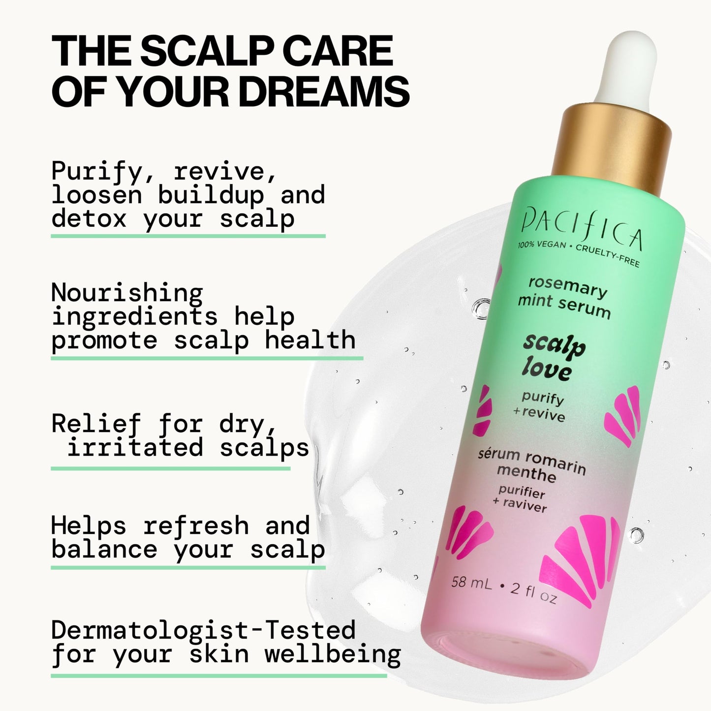 Pacifica Scalp Love Rosemary Mint Serum - Dry, Flaky, and Itchy Scalp Serum, Hydrating, Moisturizing, and Calming Treatment Formulated with Witch Hazel, Vegan and Cruelty-Free - 2 Fl Oz