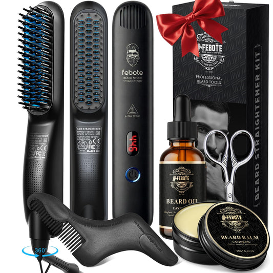 FEBOTE Beard Straightener Kit for Man- Heated Grooming Beard Brush, Beard Balm,Comb,Beard Growth Oil, Value Gift Set for Fathers Day,No-Scald,for Soft,Thick,Curly Beard,Prevent Damage