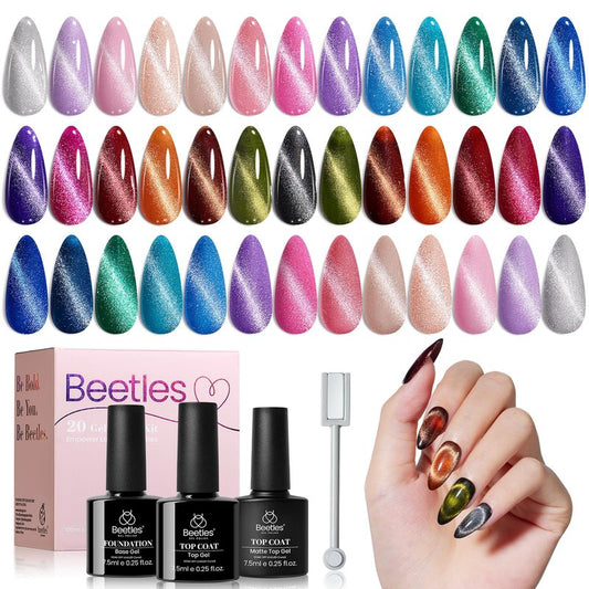 Beetles Cat Eye Gel Nail Polish Set - 20 Colors Nude Pink Green Blue Purple Brown Black Cat Eye Nail Polish Kit with Magnet Base Coat Glossy Matte Top Coat Soak Off UV Salon DIY Gift for Women