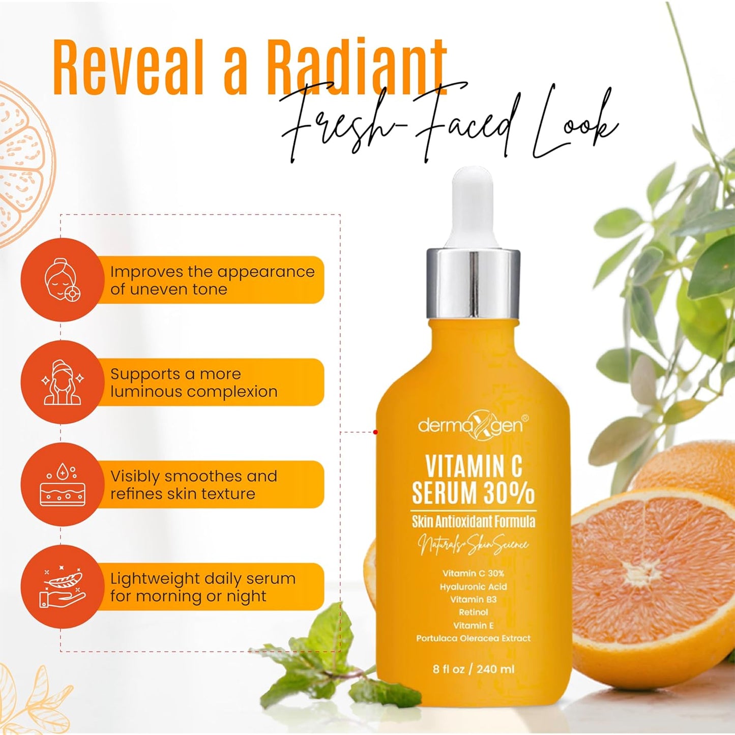 Vitamin C Serum - Pure Organic Anti-Aging Facial Serum with Hyaluronic Acid & Retinol | 8 Fl Oz