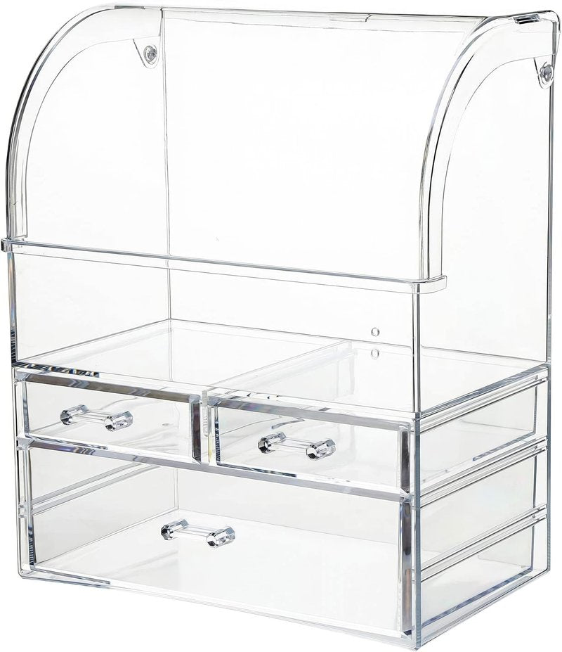 UShioart Clear Large Acrylic Makeup Organizer With Lid Cosmetic Storage Drawers Portable Makeup Organizers Dustproof And Waterproof Box For Women (14in)