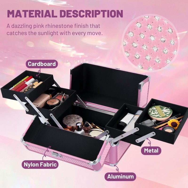HAISKY Makeup Train Case Cosmetic Organizer Case Makeup Box Portable Make Up Artist Travel Case with 4 Trays Dividers Lockable Hard Train Case Nail Tech Supply Storage - Crystal Pink