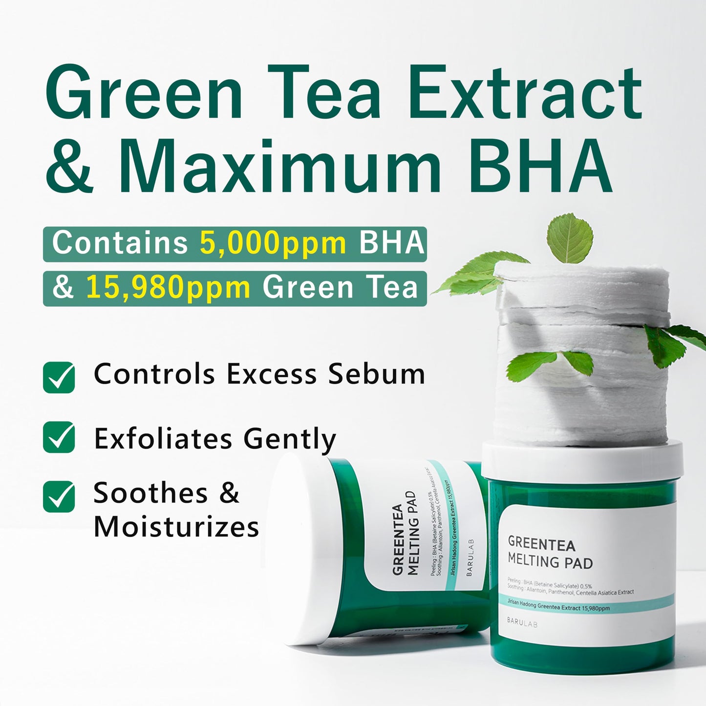 BARULAB Green Tea BHA Melting Toner Pads with Centella Asiatica Soothing Hydrating Moisturizing for All Skin Types | Anti-blemish Daily Care Gentle Mild Peeling Exfoliating Korean Skincare, White