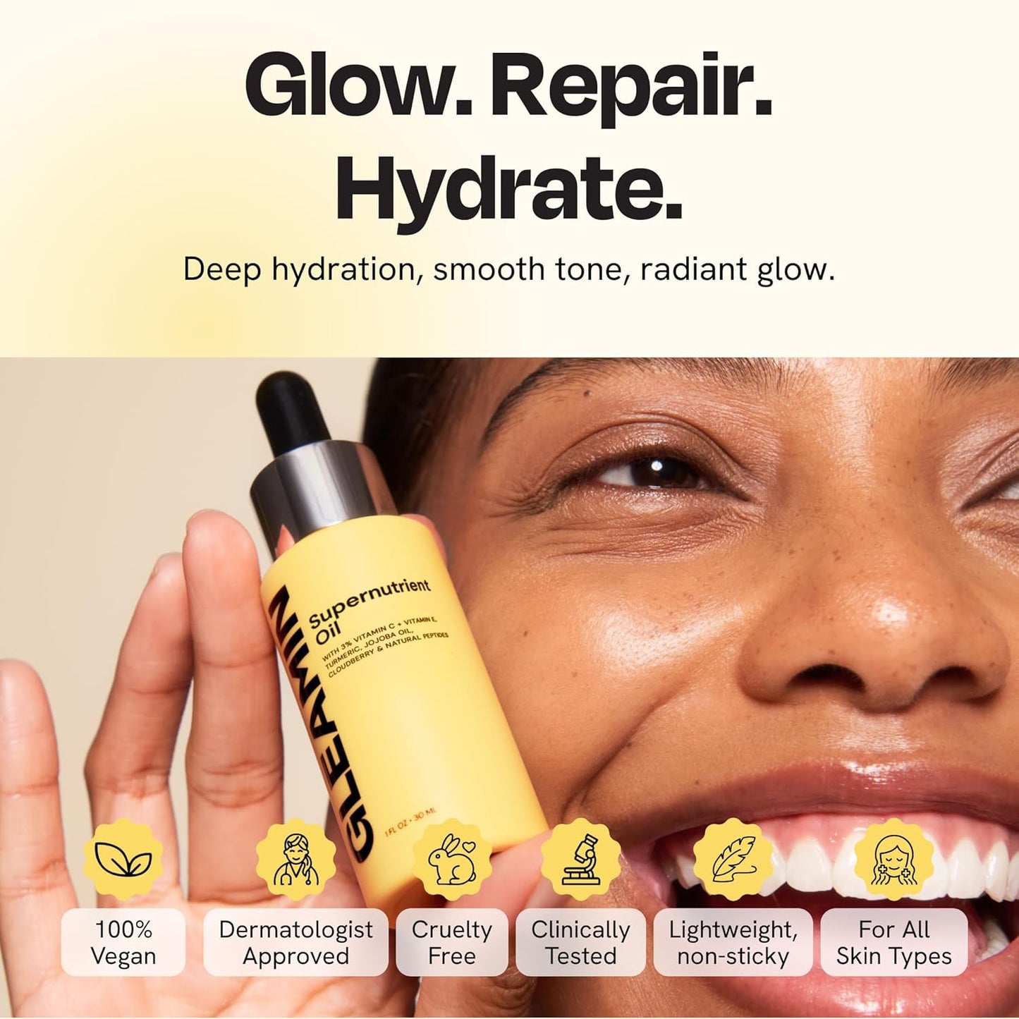 Gleamin Supernutrient Facial Oil - 3% Vitamin C & Jojoba Oil for Hydration | Lightweight, Fragrance-Free, 1 Fl Oz