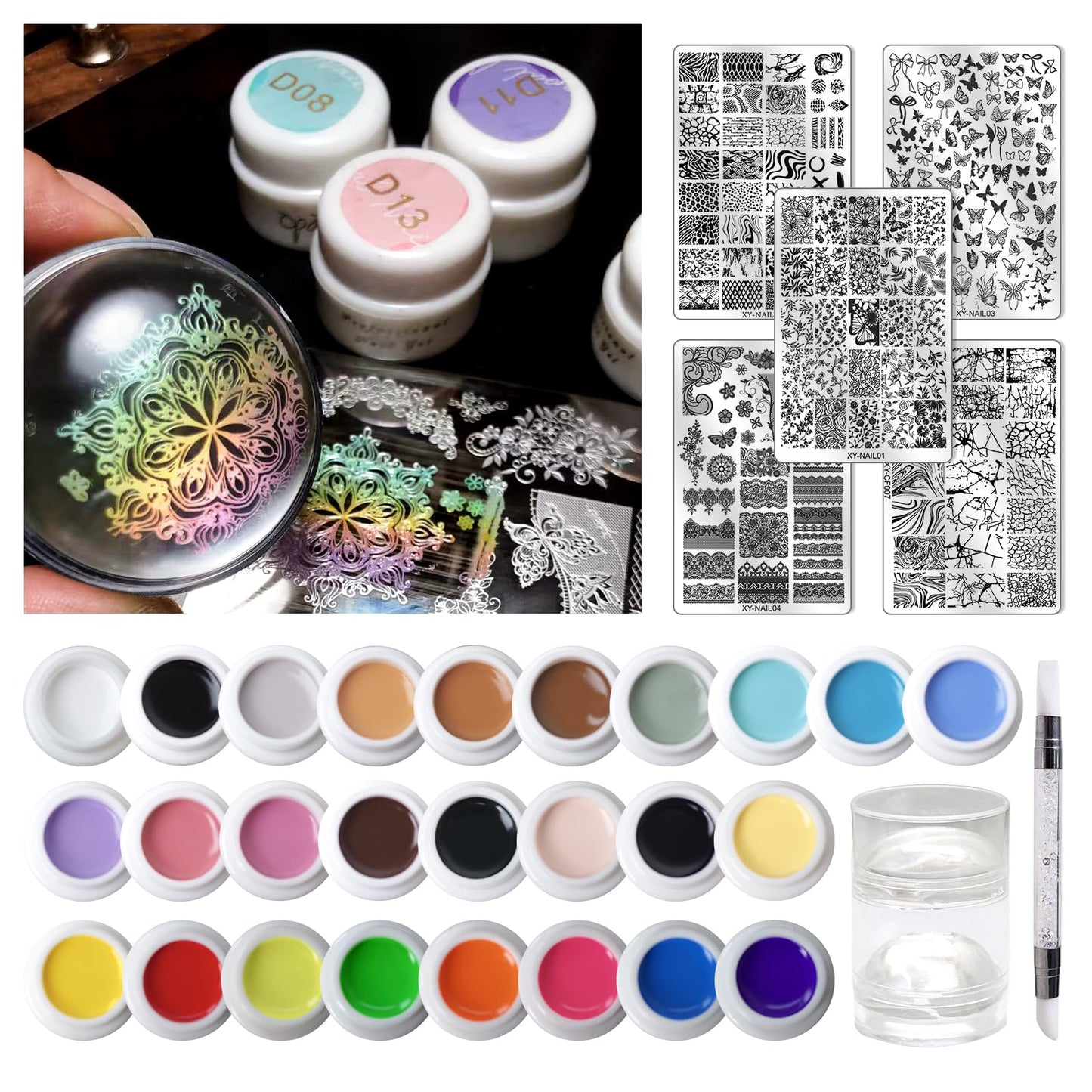 RUNBBY Nail Art Stamping Kit - 26 Color Gels with 5 Stainless Steel Plates, Dual-Ended Silicone Stamper & Scraper - DIY Nail Design Set for Beginners and Pros