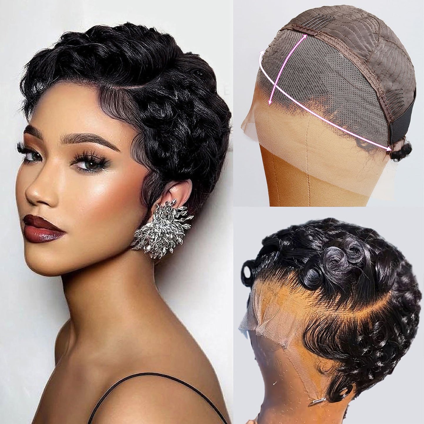 CRYSTALHAIR Short Curly Pixie Cut 13x4 Lace Front Wig 100% Human Hair Wigs, Black 13x4 HD Lace Frontal Wigs Short Layered Curly Glueless Wig Pre Plucked Deep Wave Pixie Cut Human Hair Wigs for Women