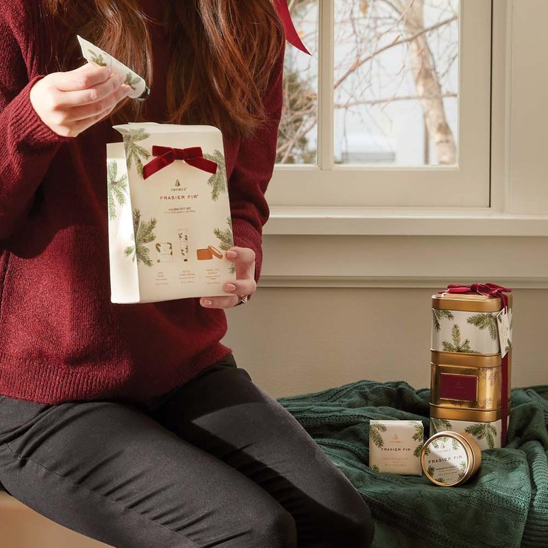 Thymes Frasier Fir Hand Cream, Travel Tin Candle Jar and Bar Soap Gift Set - Scented with Notes of Siberian Fir, Cedarwood, and Sandalwood - Luxury Home Fragrance Set - Hostess Gift for the Holidays