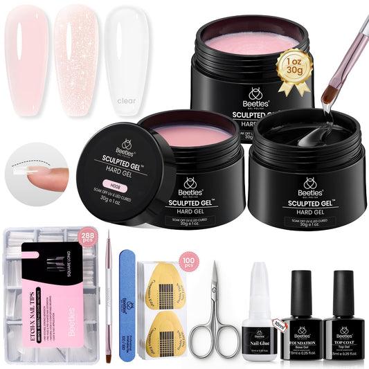 Beetles Hard Gel for Nails Kit,3 Colors Clear Nude Glitter Sculpted Gel, Nail Extension,Sculpting,with Long Square Half Cover Nail Tips for Salon Pros Women,Nude Pink&Clear Builder Gels,UV&LED Cured
