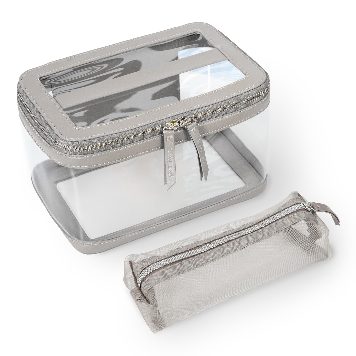 TotesLuxxe Portable Large Clear Transparent Cosmetic Toiletry Travel Organizer with Makeup Brush Bag Travel Toiletry Bag for Women Train Case