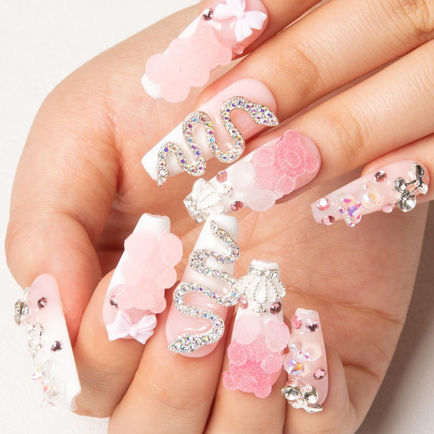 LOVFUL Press on Nails Marshmallo Gummy Bear Square | Handmade with Full Covered Crystals | Reusable Fake Nails | Coffin Classic Regular 1.3 in | H26-L