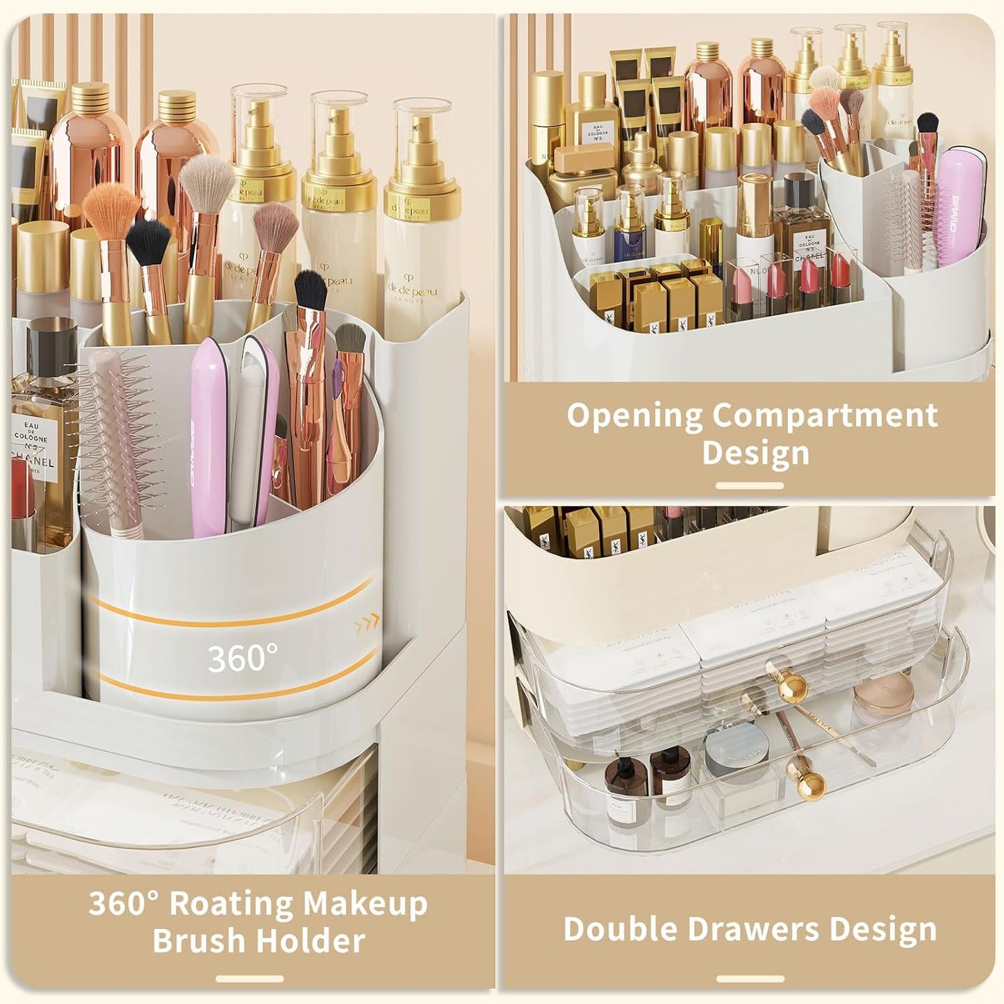 Makeup Organizer for Vanity - Large Rotating Cosmetic Organizer with Drawers | White Countertop Storage for Skincare, Perfume, Lipsticks, Nail Polish