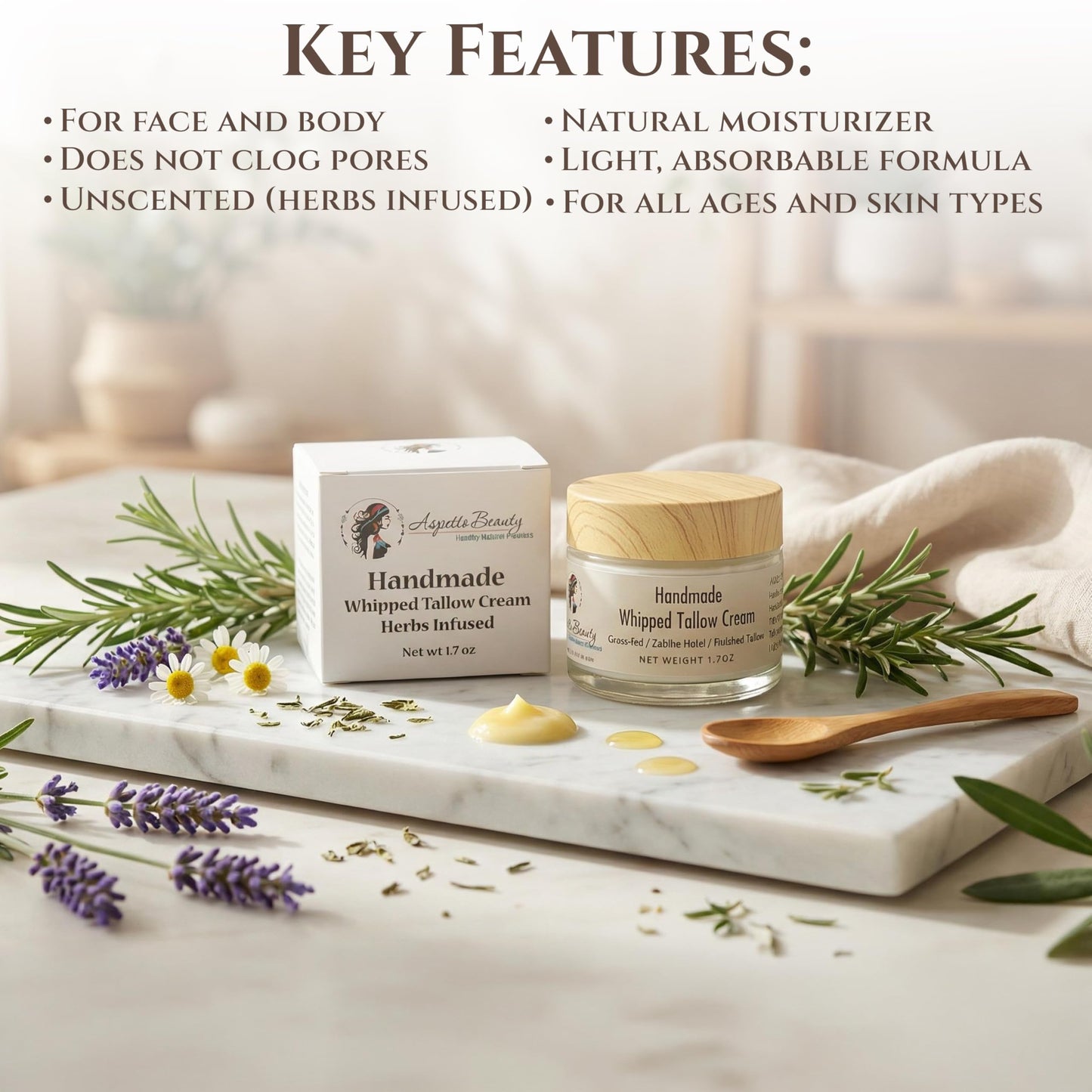 aspetto beauty 100% Whipped Grass Fed Beef Tallow for Skin, Face and Body – Natural Tallow Face Moisturizer, Organic Cream with Sweet Almond Oil – 1.7 oz. (Unscented/Herb-Infused)
