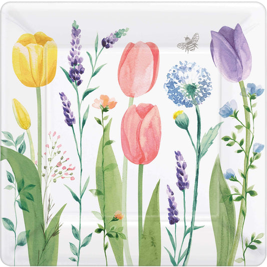 Amscan Bold & Beautiful Tulip Garden Square Plates - 10" (Pack of 8) - Durable & Eco-Friendly - Perfect for Parties and Events