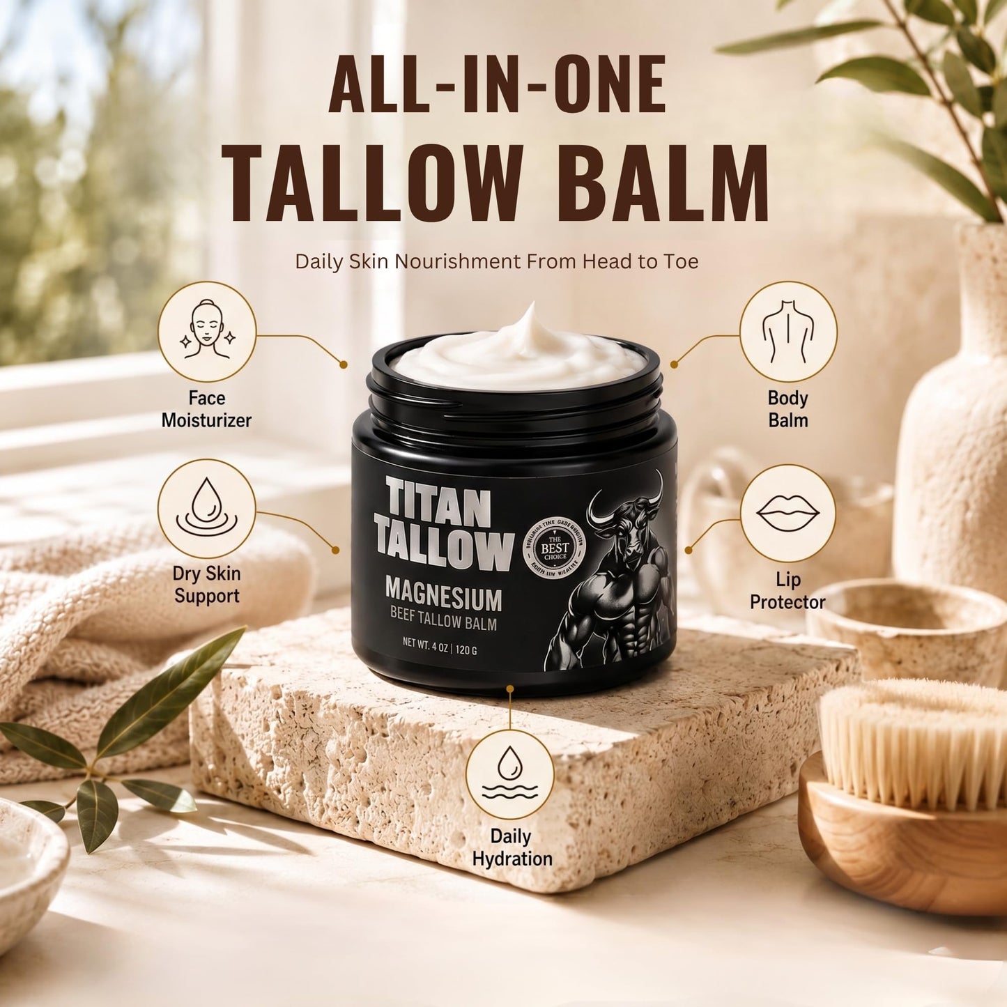 Titan Tallow Balm for Face and Body with Magnesium - Grass-Fed, Grass-Finished Beef Tallow Moisturizer with Manuka Honey, Jojoba Oil, Rosehip Oil, Calendula Extract, and Vitamin E
