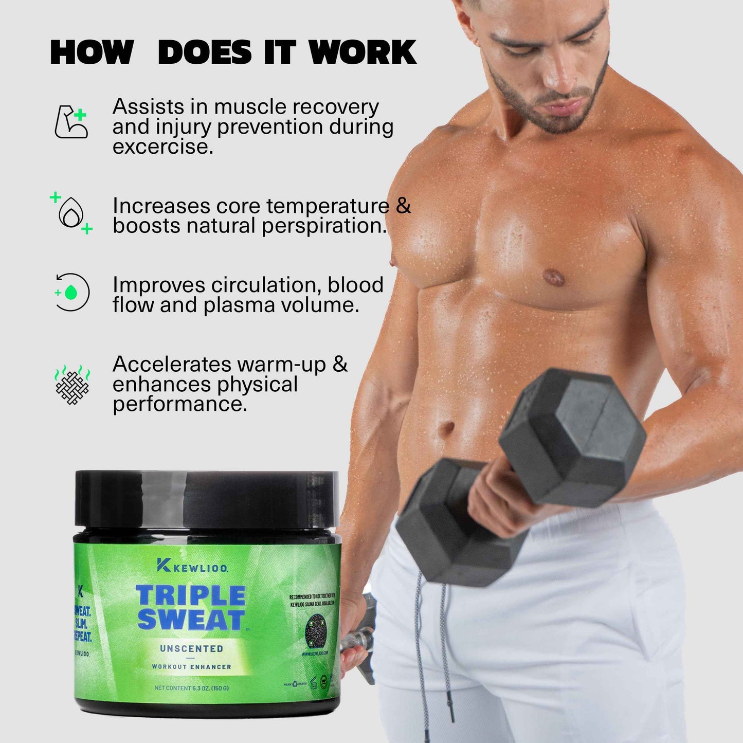 Kewlioo Triple Sweat Enhancing Cream for Workouts – Hot Sweat Cream for Arms, Belly, & Waist | Boosts Circulation & Maximizes Sweat | Pre-Workout Slimming Gel for Men & Women