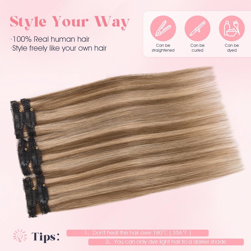 TESS 6PCS Clip in Short Hair Extensions Real Human Hair 6 Single Mini Clips in Extensions Lace Weft Straight Hairpiece for Women Add Highlight and Volume 14 Inch, Chocolate Brown Mixed Light Brown