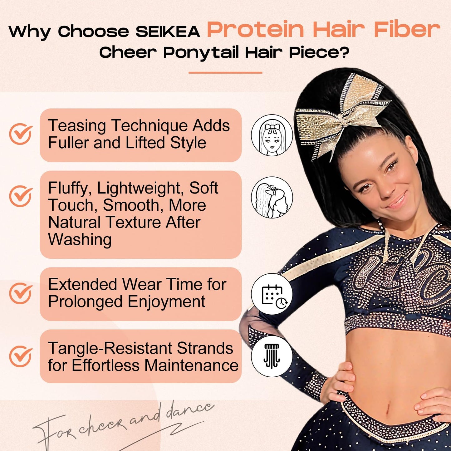 SEIKEA Cheer Ponytail Hair Piece, 100% Super Protein Fiber Straight Cheerleader Hairpiece Lightweight Silky Smooth Fluffy 18" Ponytail Extension for Cheerleader Competition, Dance Mocha Melt