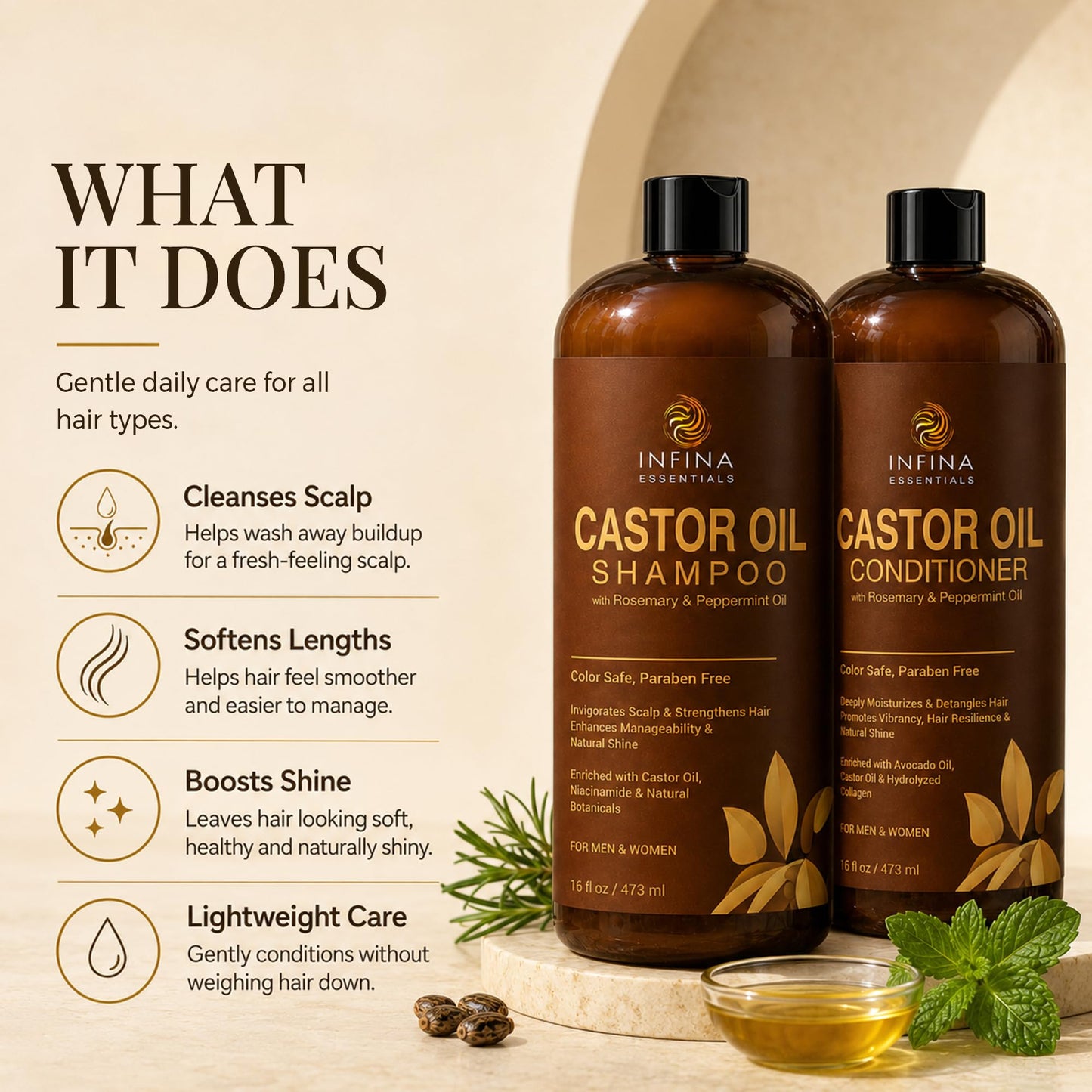 Castor Oil Shampoo and Conditioner Set for Hair Growth with Rosemary & Peppermint Oil - Cleanse Hair, Strengthen & Shine with Castor Shampoo and Conditioner - Anti-Hair Loss for Men & Women - 16 fl oz