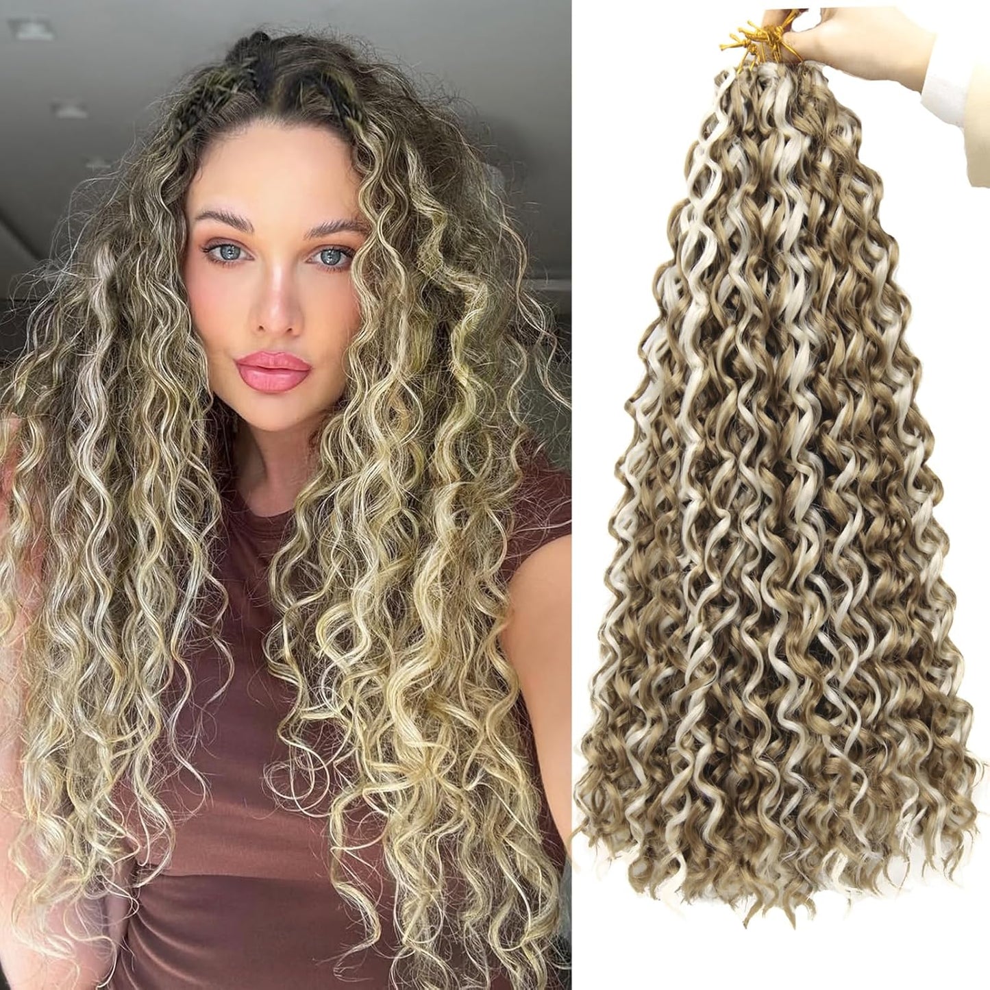 GoGo Curl Crochet Hair - Blonde Water Wave Synthetic Braiding Extensions | 18 Inch, 7 Packs, P27/613