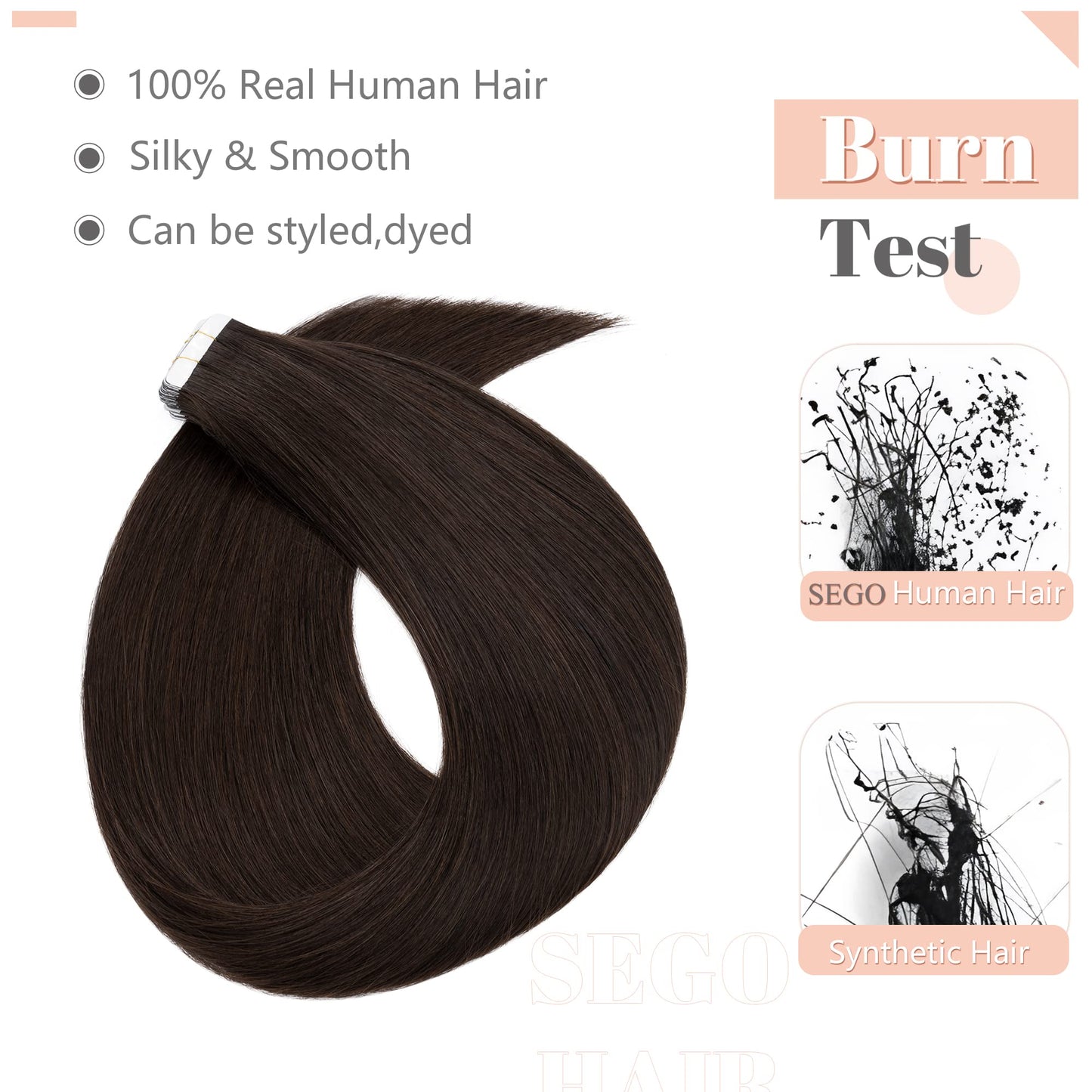 SEGO Tape In Hair Extensions Human Hair, 20pcs 50g 16 Inch Dark Brown Remy Straight Human Hair Tape In Extensions for Women -#02 Dark Brown