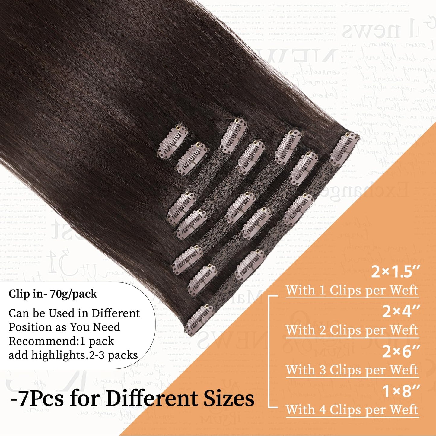 VKHAIR Clip in Hair Extensions Real Human Hair 16 inch, 7Pcs/70g Human Hair Clip in Extensions, Seamless Clip in Hair Extensions Human Hair #2 Dark Brown, 16 Inch