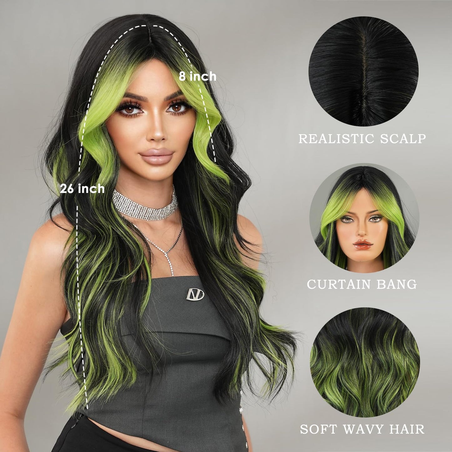 TRUMOST Black Wig Green Highlight Long Wavy Wig with Curtain Bang 26 Inch Ombre Black Green Wig Synthetic Heat Resistant for Women Daily Party used.