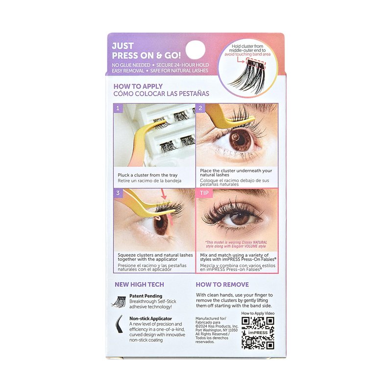 Kiss Impress Falsies Press On Self Adhesive Eyelashes, 12mm-14mm Natural Volume Press On Lashes, Black, No Glue Needed, Invisible Band, 12 Lash Clusters - Bold