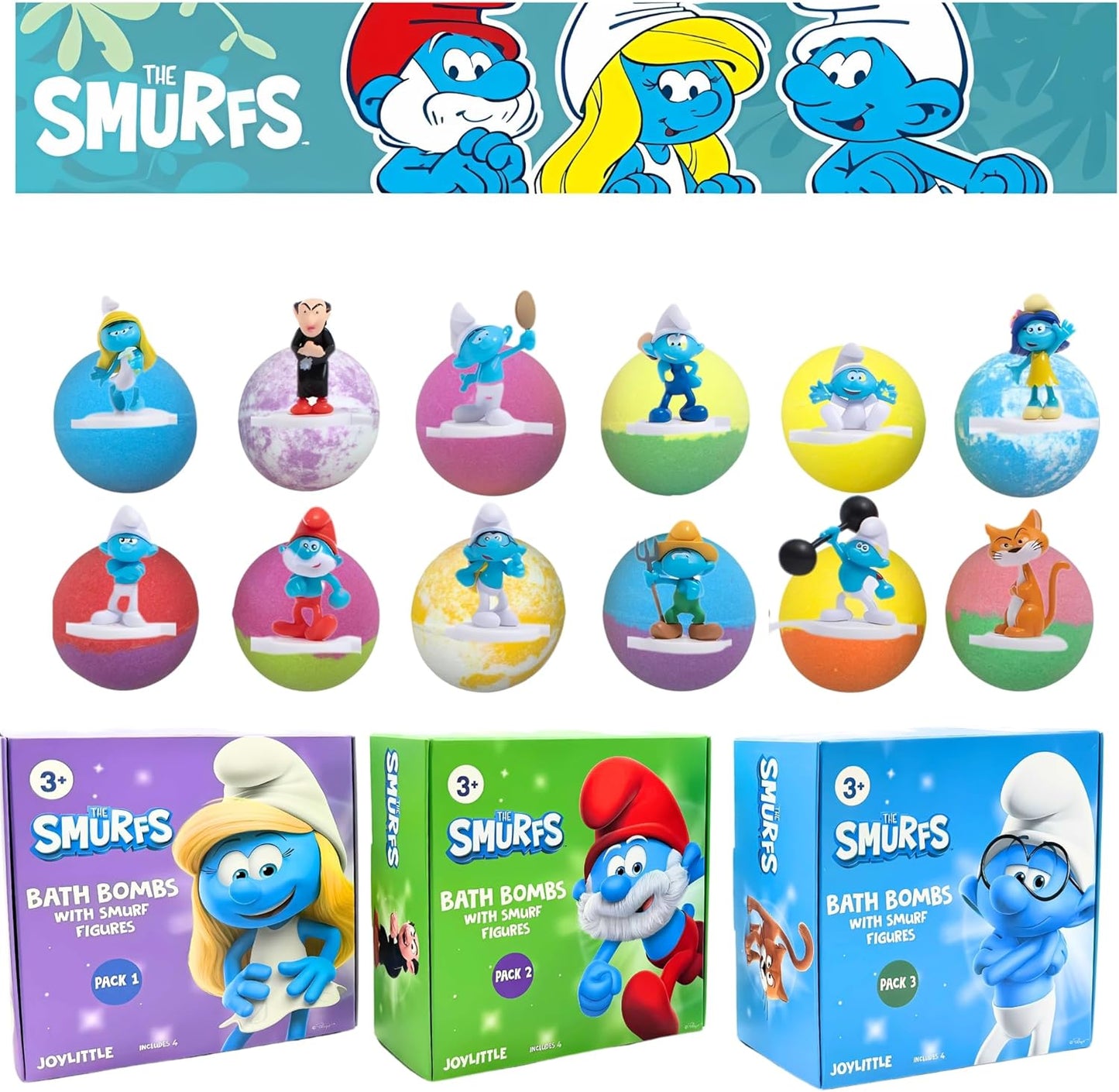 Smurfs Bath Bombs with Action Figures - Brainy, Handy, Blossom & Azrael | Fun Gift Set (Pack of 3)