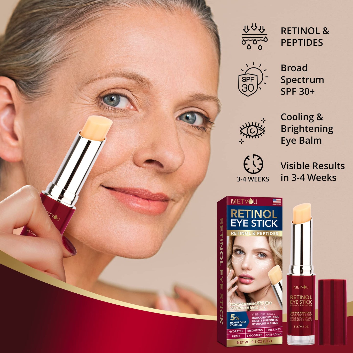 Retinol Under Eye Brightener Stick, Dark Circles Under Eye Treatment for Women with 5% Hyaluronic Acid Complex - Anti Aging Eye Cream for Puffiness and Bags Hydrates, Firms and Brightens Eyes 0.1oz(3g) 2 pack
