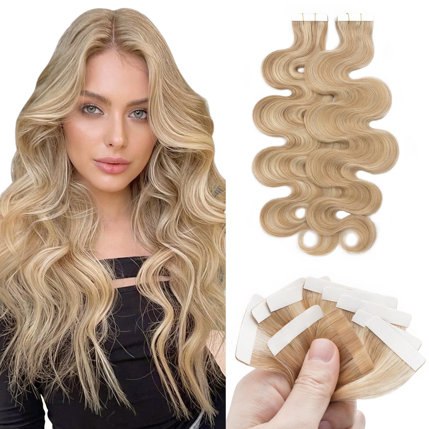 Benehair 20pcs Remy Tape in Hair Extensions Human Hair Ash Blonde&Bleach Blonde Seamless Skin Weft Tape in Real Human Hair Extensions Straight Hair 14 Inch 20g #18P613