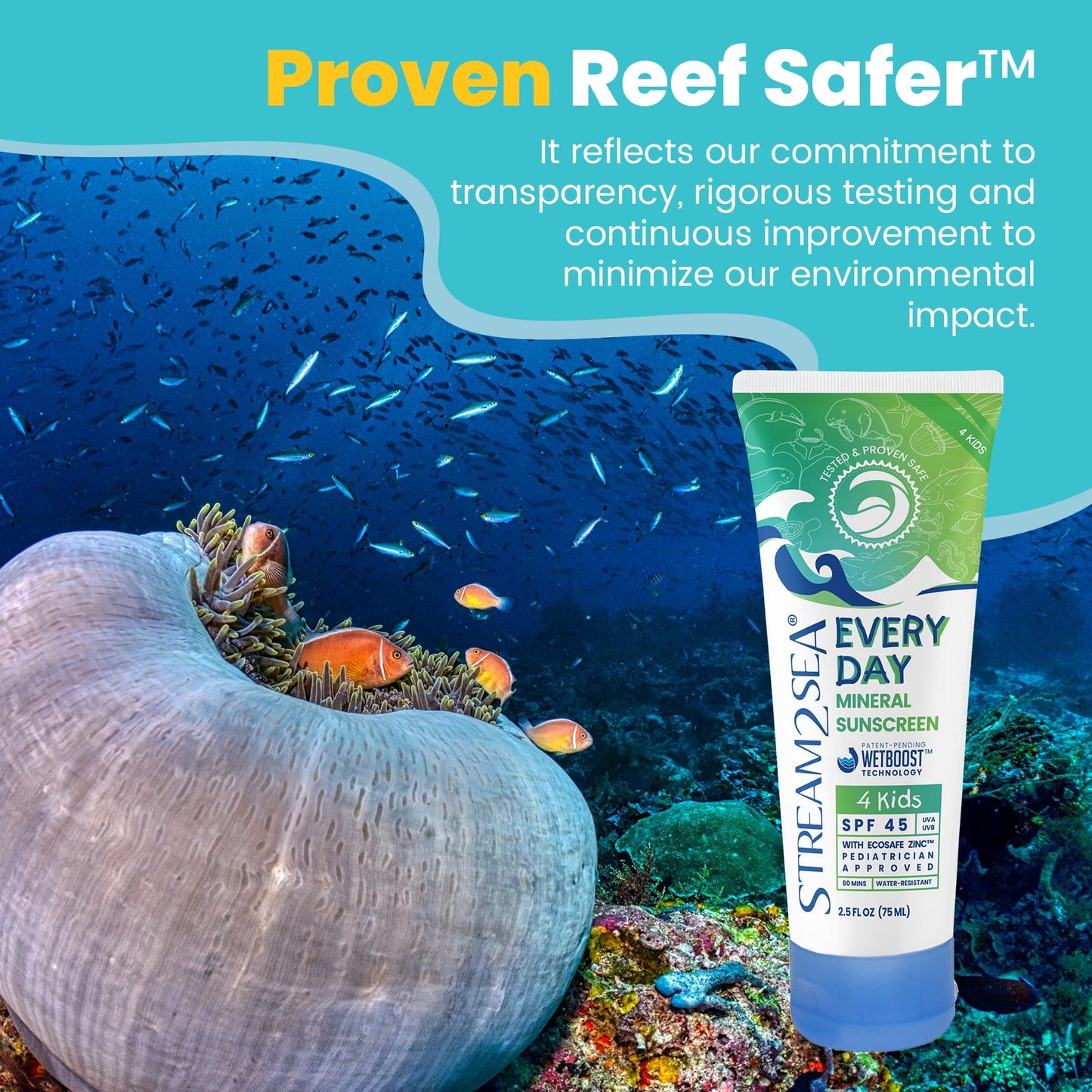STREAM 2 SEA Every Day Kids Mineral Sunscreen SPF 45 Broad Spectrum — Gentle for Baby | Reef Safe, Biodegradable, EWG Verified | Zinc Oxide, Chamomile & Calendula | Water Resistant 80 Min 2.5 Fl Oz