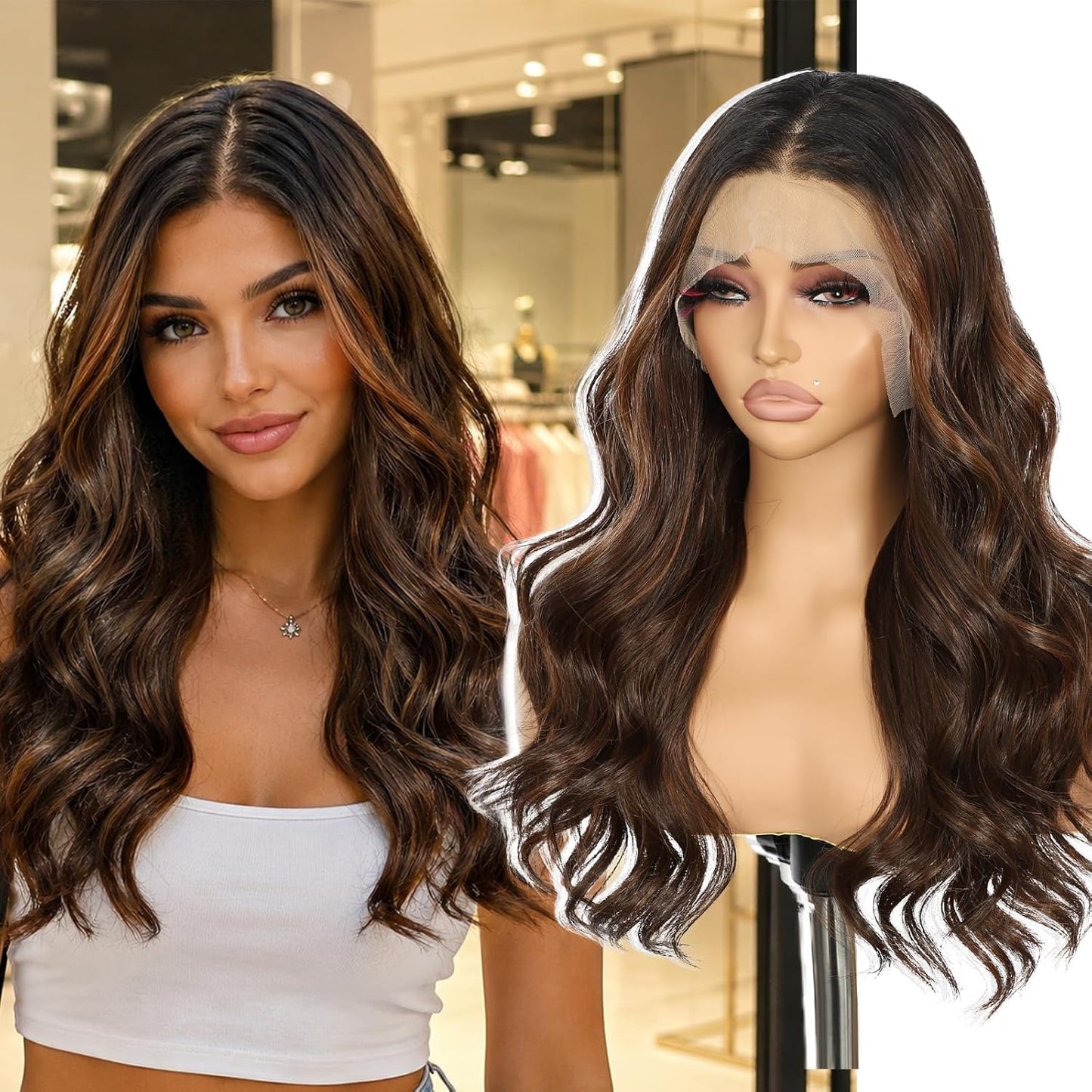 Brown Lace Front Wig - 13x4 Pre-Plucked Loose Wave | 20-Inch Synthetic Heat Resistant Fiber for Daily Wear