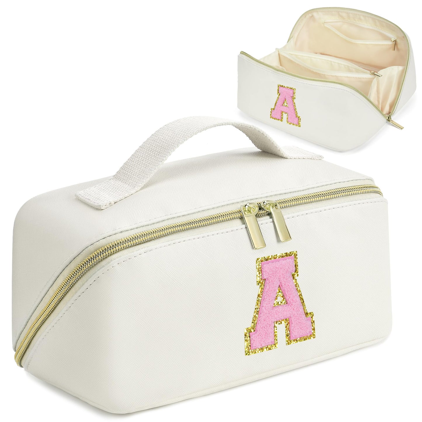 for Valentines Day Gifts, Makeup Bag for Women, PU Leather Travel Toiletry Bags, Initial Make Up Cosmetic Pouch for Teen Girls, Wide Open Portable Skincare Bag, Personalized Birthday Gifts, White A