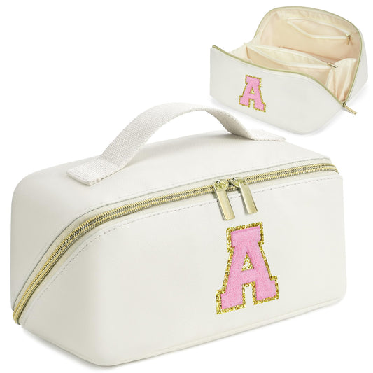 for Valentines Day Gifts, Makeup Bag for Women, PU Leather Travel Toiletry Bags, Initial Make Up Cosmetic Pouch for Teen Girls, Wide Open Portable Skincare Bag, Personalized Birthday Gifts, White A