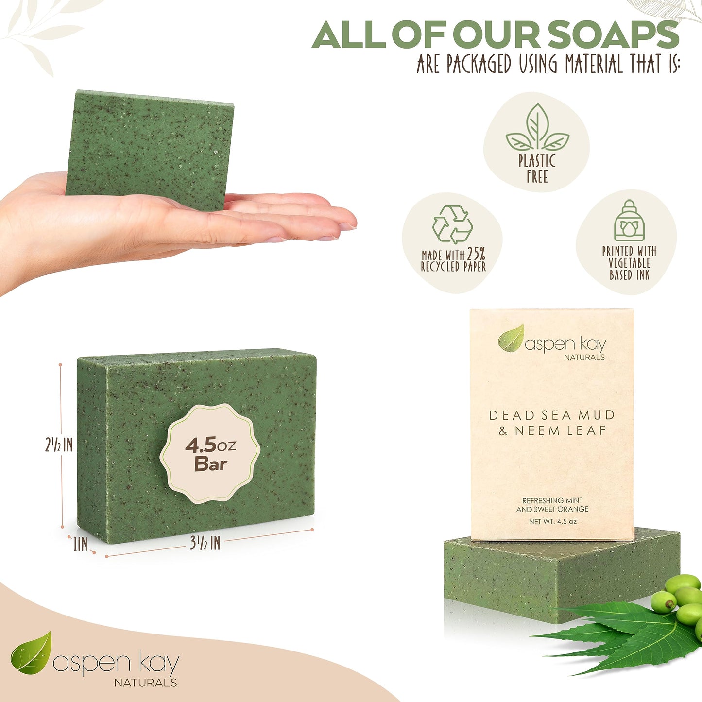 Aspen Kay Naturals Dead Sea Mud and Neem Soap - With Organic Shea Butter & Olive Oil. A Wonderful Neem Face Wash for all Skin Types. Handmade Soap - Made in USA. (3 pack)