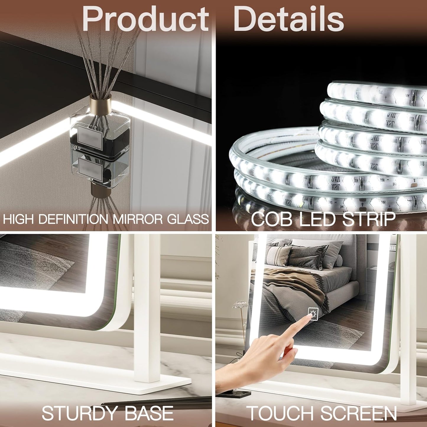 FENNIO LED Lighted Makeup Mirror - 15"x12.6" Touch Screen Vanity Mirror with Dimmable 3-Color Lighting | Perfect for Bedroom & Desk
