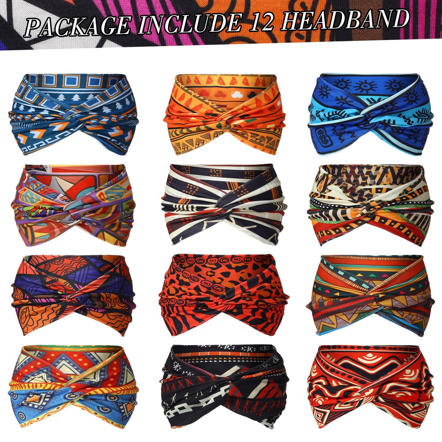 XunYee 12 Pcs Juneteenth Headbands African Boho Print Headbands for Women Yoga Twisted Knot Headwraps - Assorted Wide Elastic Bandeau Hair Accessories for Girls, Running, Sports