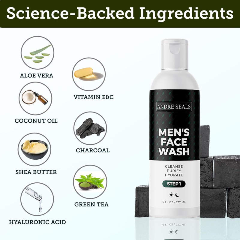 Andre Seals Mens Face Wash | Facial Cleanser with Activated Charcoal, Hyaluronic Acid & Green Tea | Exfoliate, Deep Pore Cleansing & Hydrating Facial Cleanser | Exfoliating Face Wash | Mens Skin Care