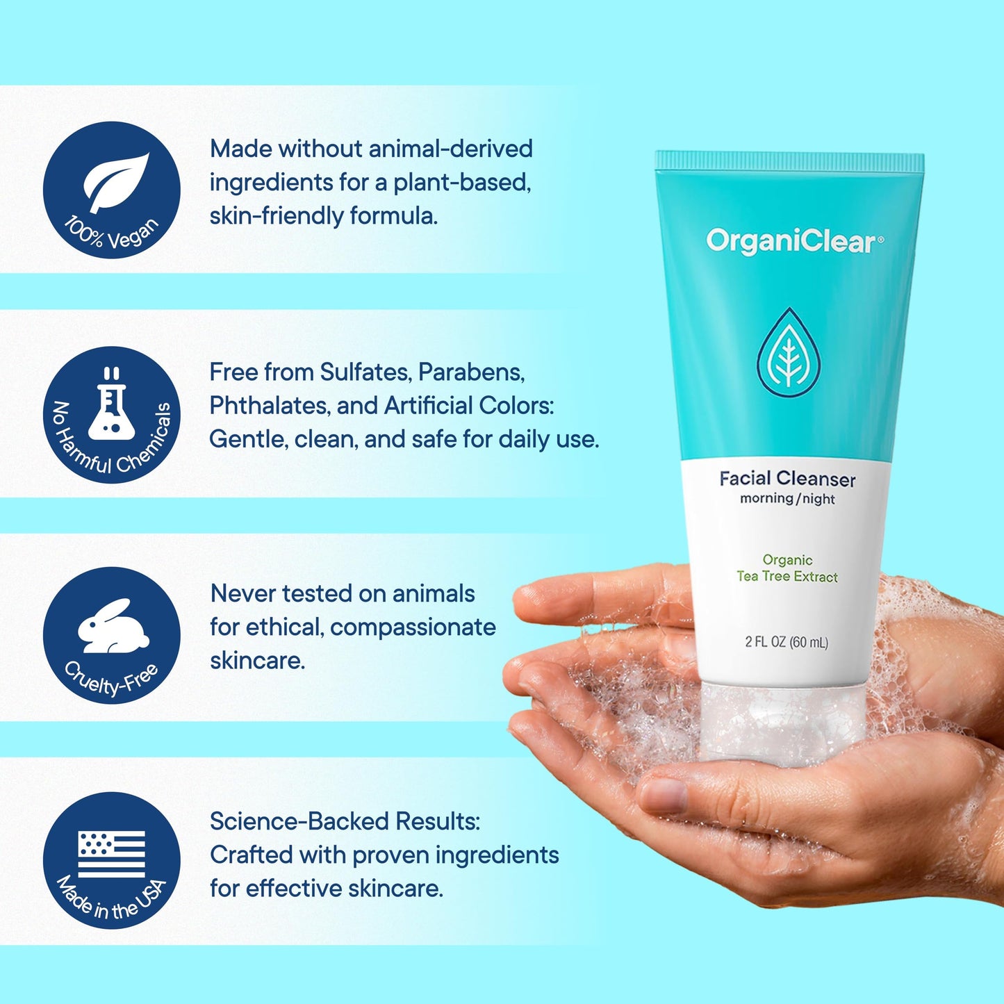 OrganiClear Facial Cleanser w/Organic Tea Tree & Salicylic Acid – Gentle Daily Foaming Gel Face Wash for Deep Cleansing & Makeup Removal – Unclogs Pores, Eliminates Dirt & Oil, (2 oz) 2 Pack
