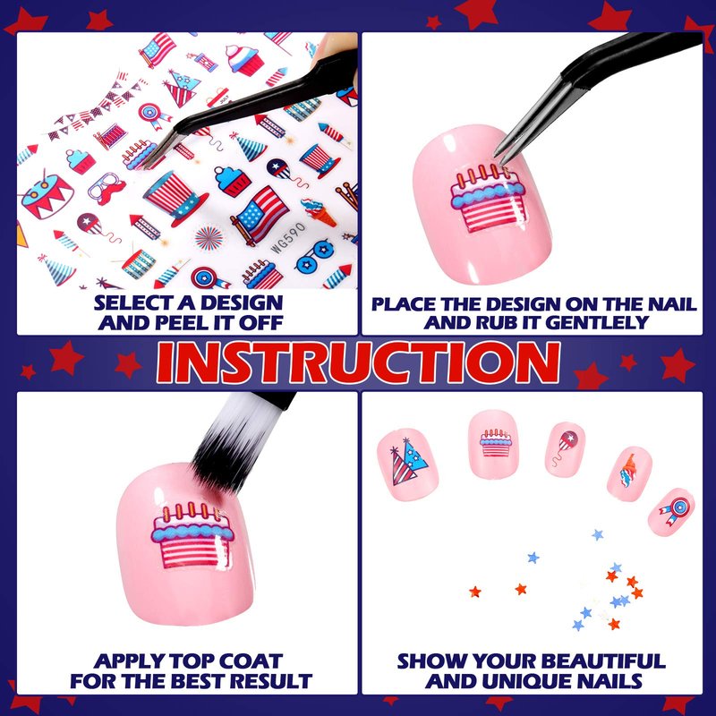 Maitys 12 Sheets 4th of July Nail Stickers with 12 Boxes Sequins 250th Anniversary Independence Day Decals 3D Self-Adhesive Patriotic Flag Nail Stickers for Women Manicure Supplies for Women Girls