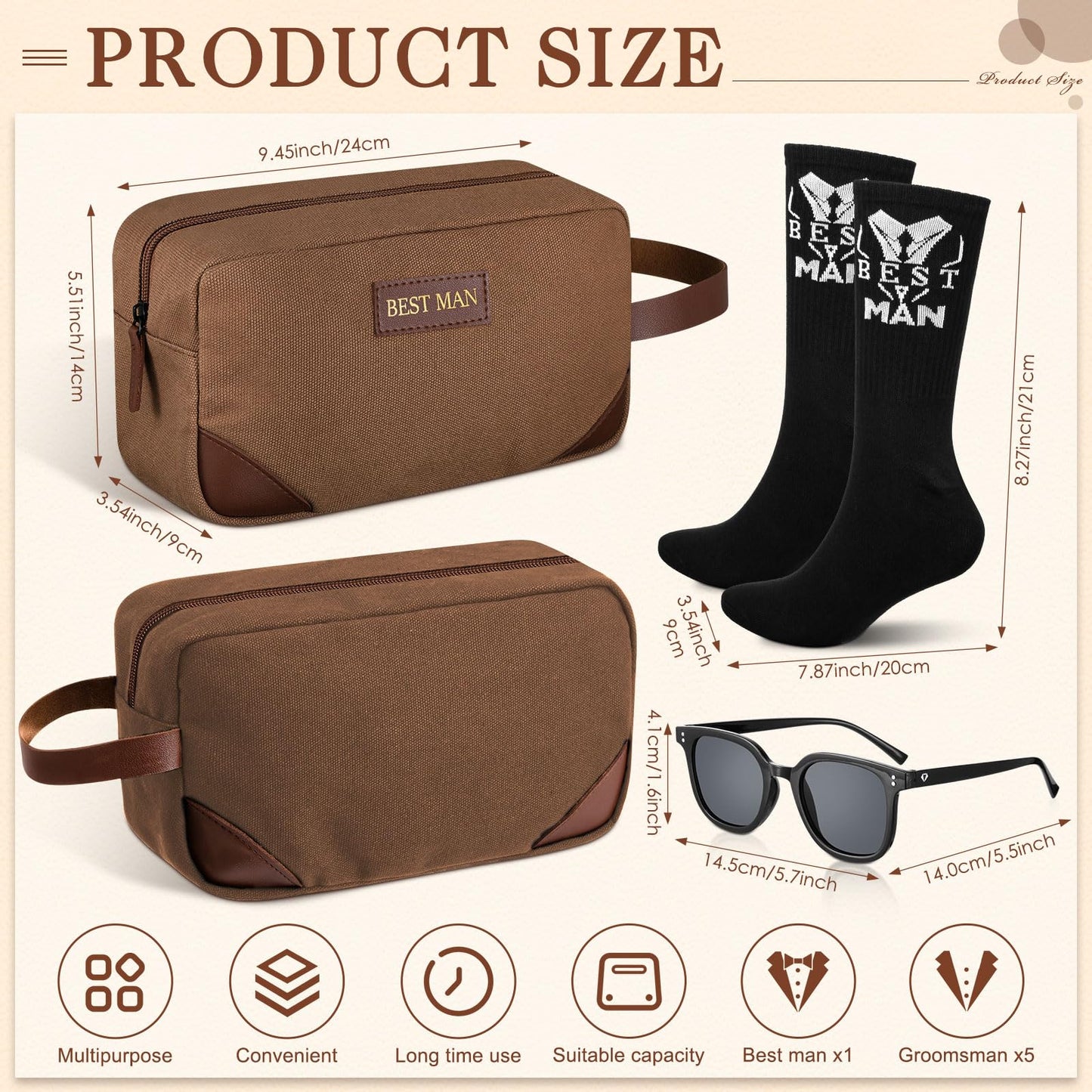 SilTriangle 18 Pcs Wedding Groomsmen Gifts Set Include Pcs Men Toiletry Bags Pairs Cotton Groomsmen Socks Pairs of Sunglasses for Wedding Proposal Gifts Bachelor Party Travel Kit(Brown)