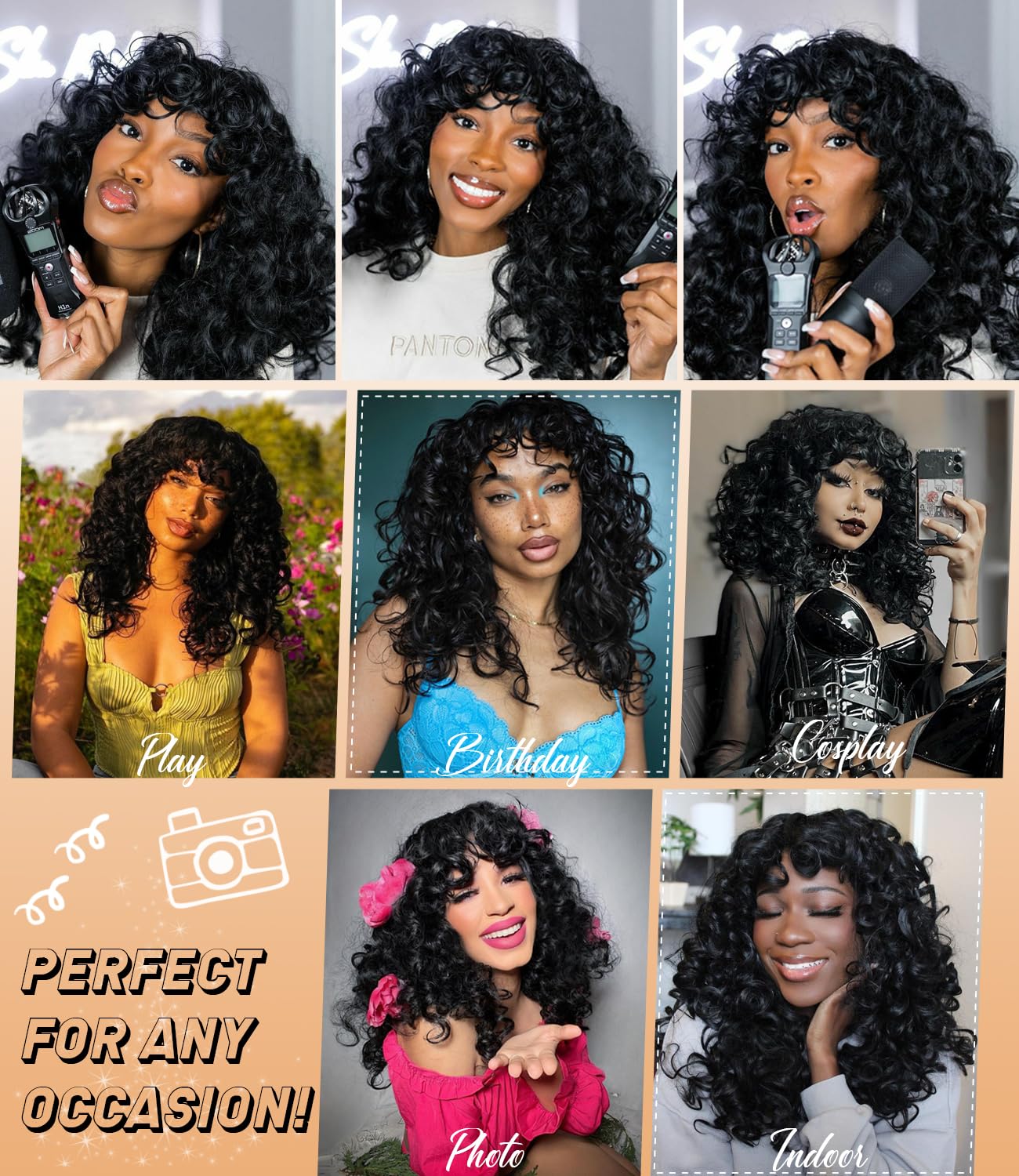 RunM Curly Wig with Bangs for Black Women Black Long Curly Afro Wig