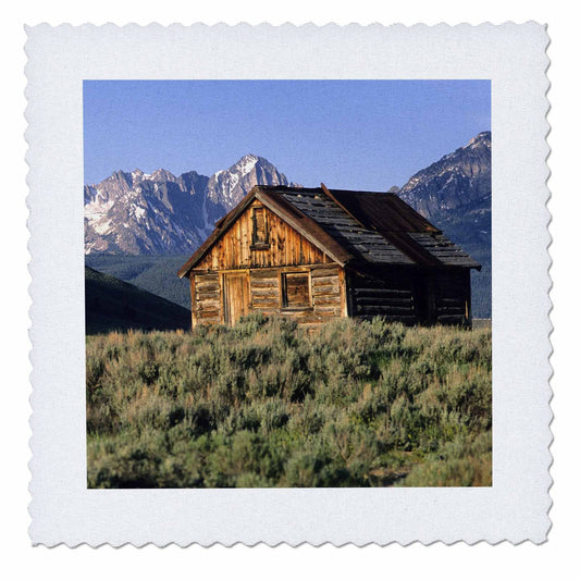 3dRose Log Cabin and Sawtooth Mountains, Stanley, Idaho-US13 DFR0406-David R. Frazier-Quilt Square, 12-inch (qs_90004_4)