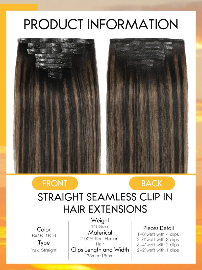 Caliee Seamless Yaki Straight Clip ins 14 Inch Balayage Natural Black Mixed Chestnut Brown Light Yaki Clip ins for Black Women 115G 8 Pcs Invisible PU Weft