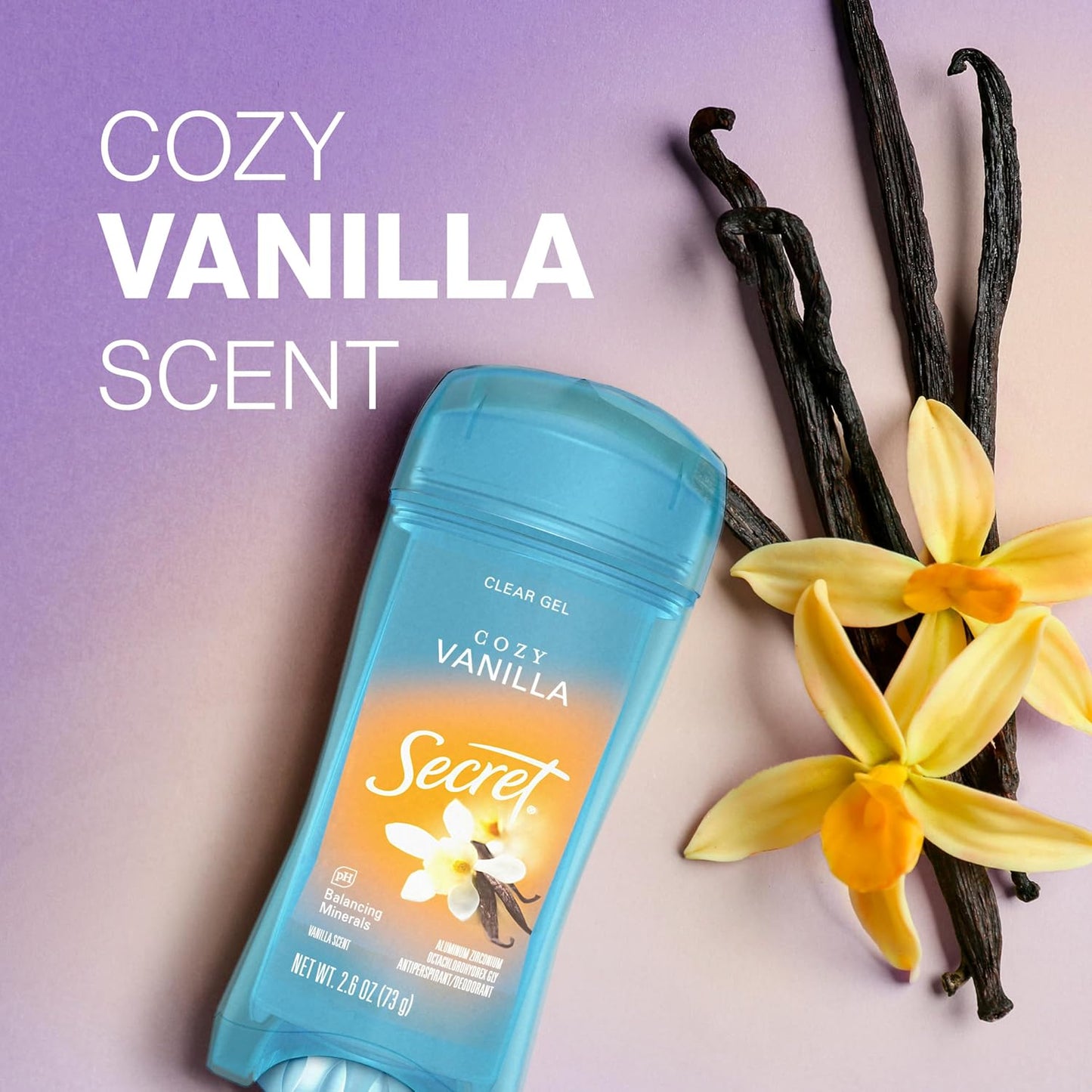 Secret Fresh Antiperspirant Deodorant for Women, 72hr Breathable Sweat & Odor Protection, Instant Freshness & Gentle, PH Balancing Minerals, Clear Gel, Cozy Vanilla Scent, 2.6 oz