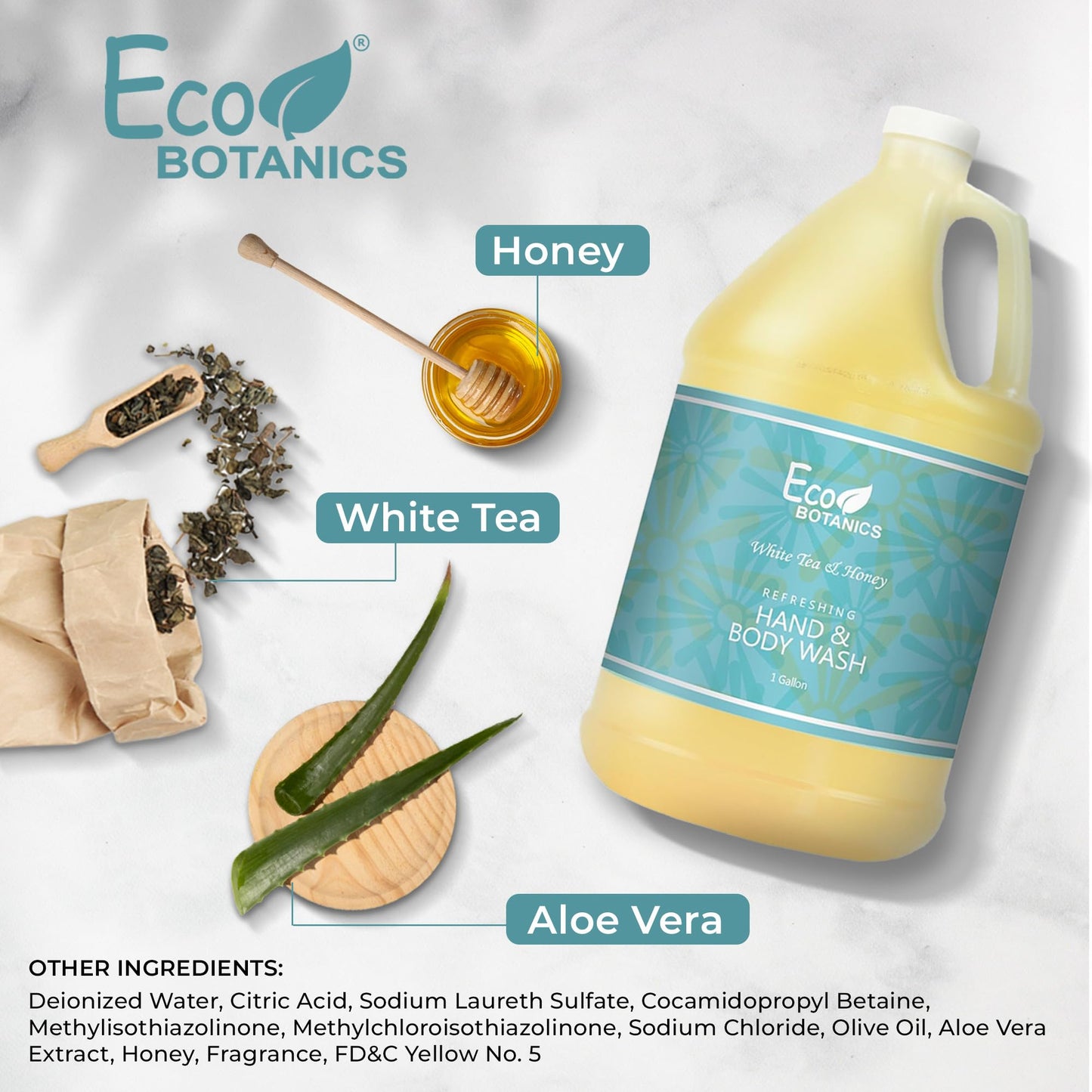 Terra Pure 1-Shoppe Eco Botanics Natural Hand and Body Wash with Raw Honey & White Tea | Gallon Jug Bulk Toiletries for Airbnb, Vacation Rentals, and Home Bathroom | Refill For Soap Dispensers